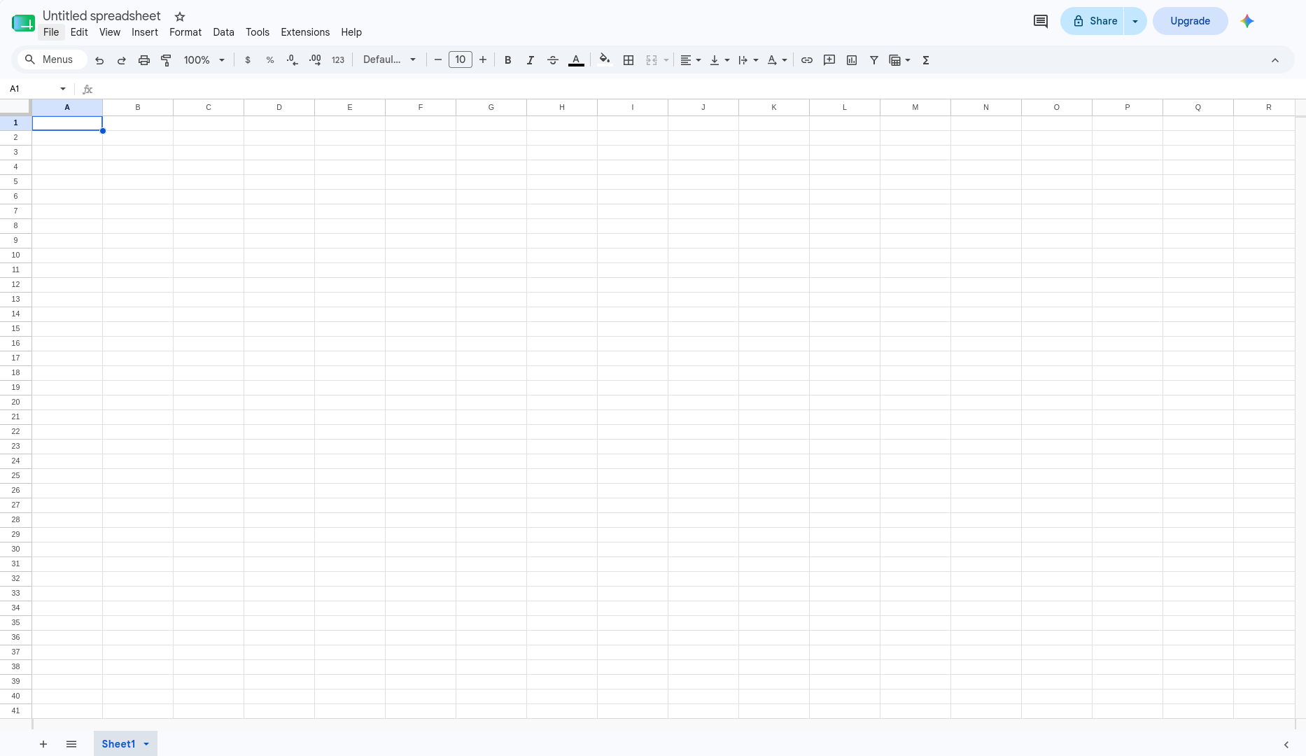 A blank Google Sheets spreadsheet, the starting point for importing the leave tracker template