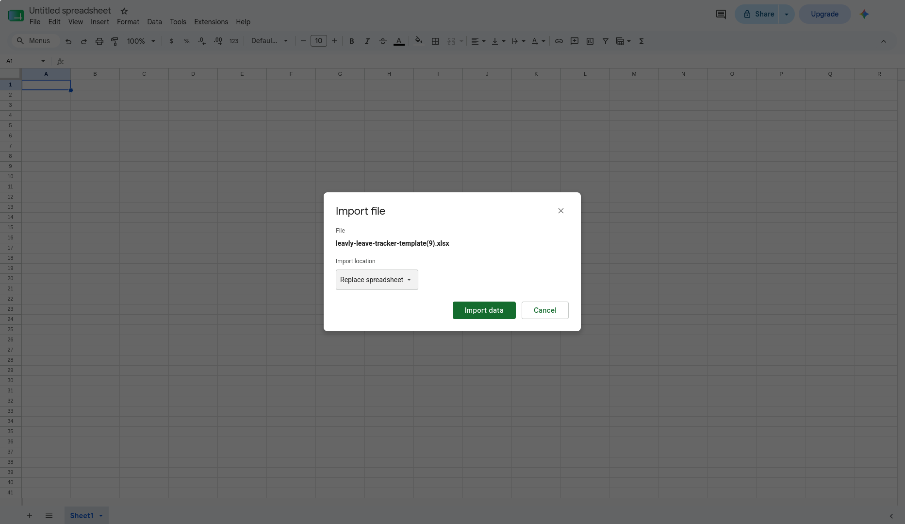 Google Sheets import dialog with the leave tracker .xlsx file and “Replace spreadsheet” selected
