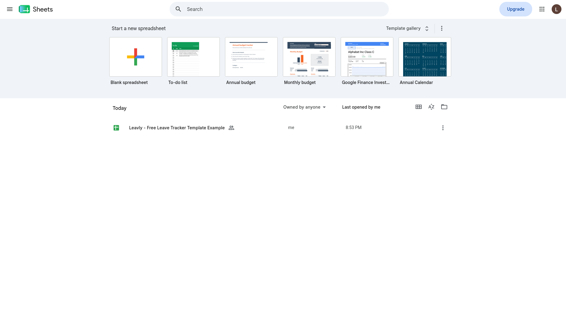 Google Sheets home screen with the Leavly free leave tracker template saved in Google Drive