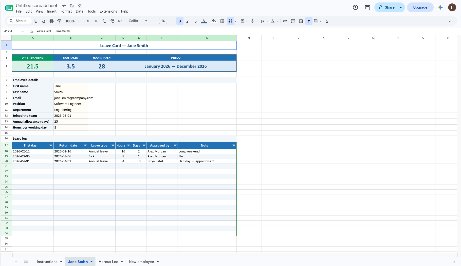 Employee leave card in Google Sheets showing days remaining, days taken, hours taken, the period, employee details, and a leave log with first day, return date, leave type, hours, and approver