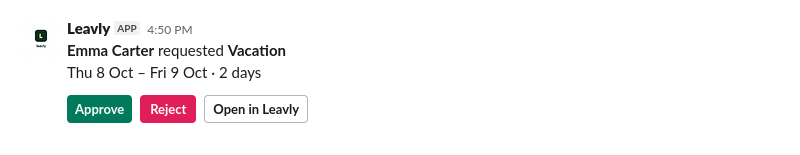 Approve or reject a leave request directly in Slack with the Leavly Slack integration