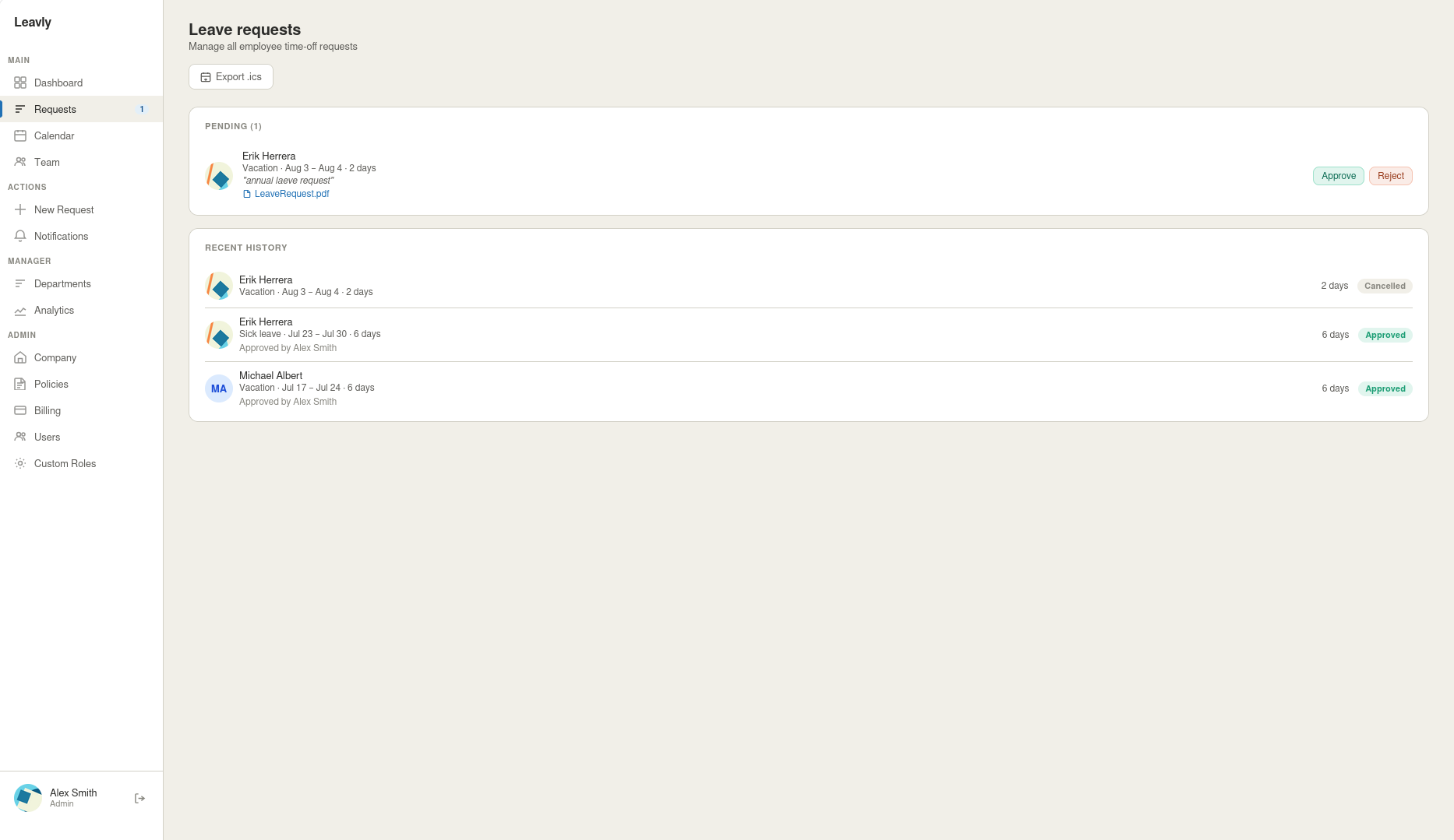 Leavly leave requests page with a pending vacation request ready to approve or reject in one click
