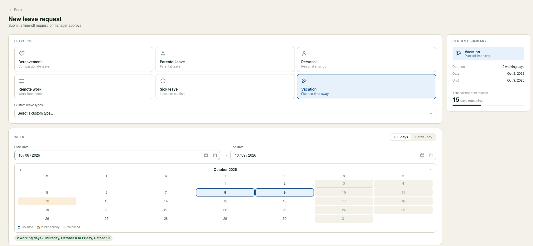 Leavly new leave request form with leave types, dates and remaining balance