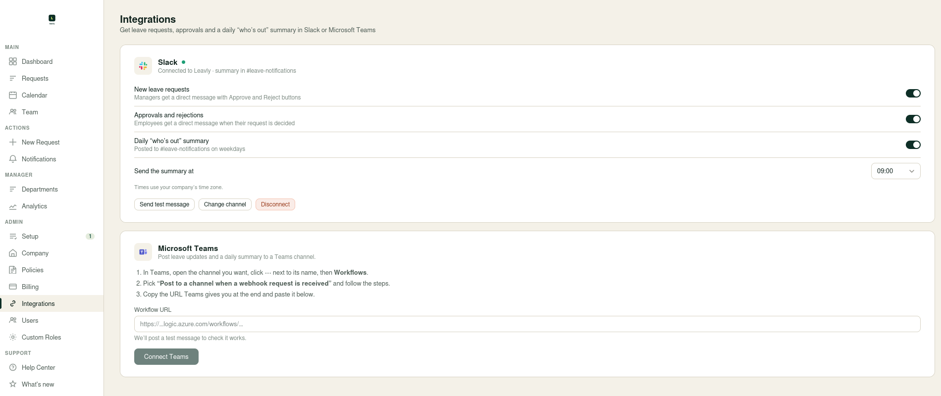 Leavly Integrations page with Slack connected and settings for leave requests, decisions and the daily who's out summary