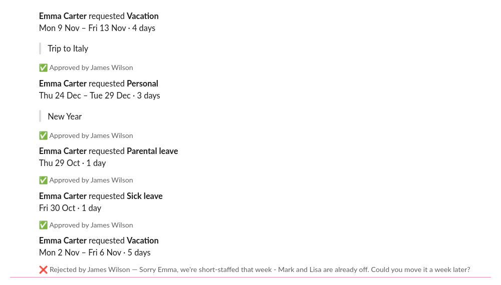 Slack messages showing leave requests approved and rejected with a reason in Leavly
