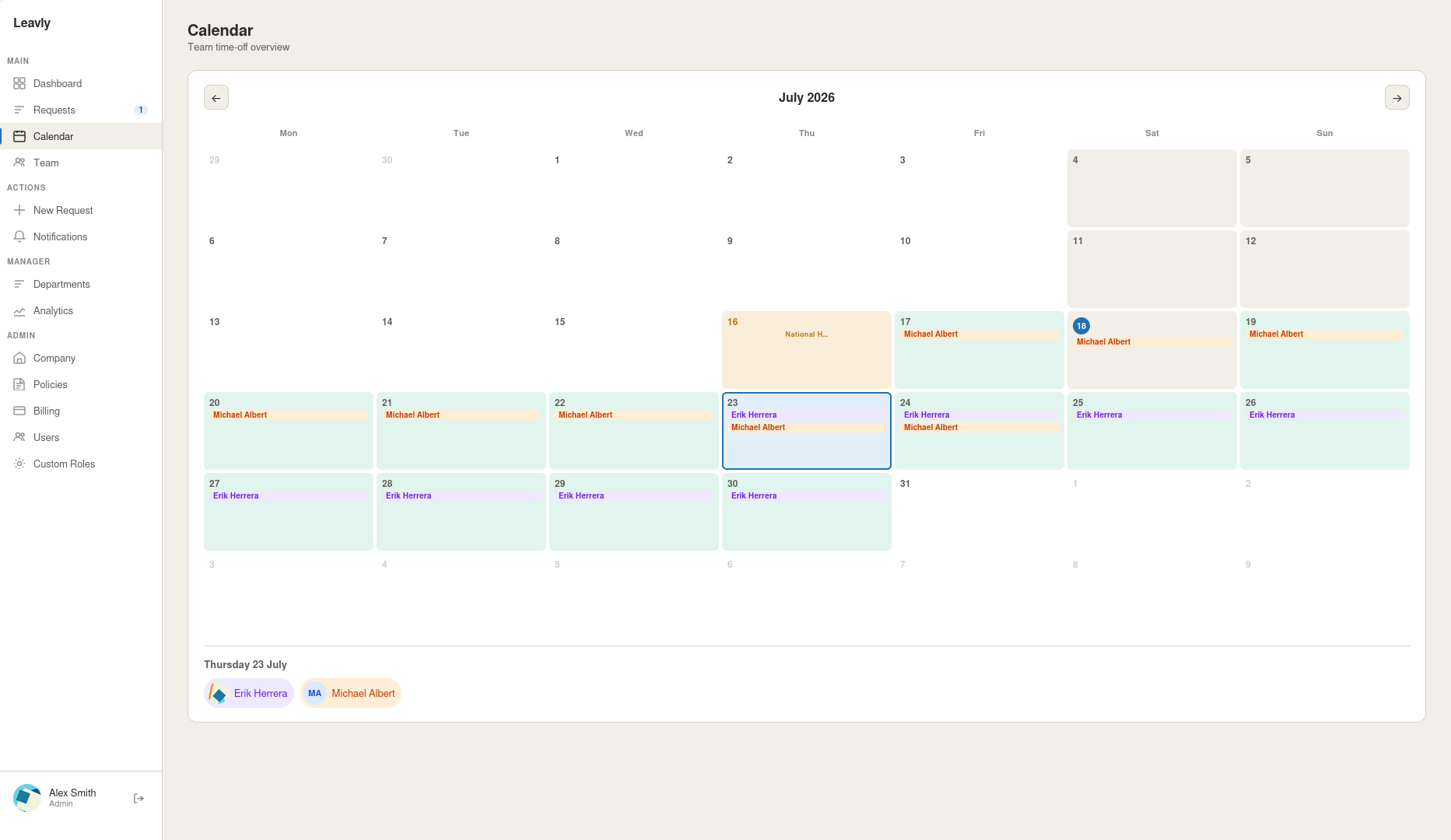 Leavly team leave calendar showing who's off each day of the month and who is back at work today